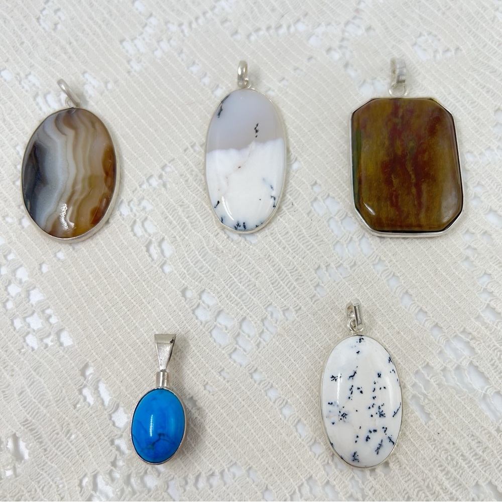 Vintage Sterling Silver Agate, Jasper, & Turquoise/Onyx Pendant Lot
